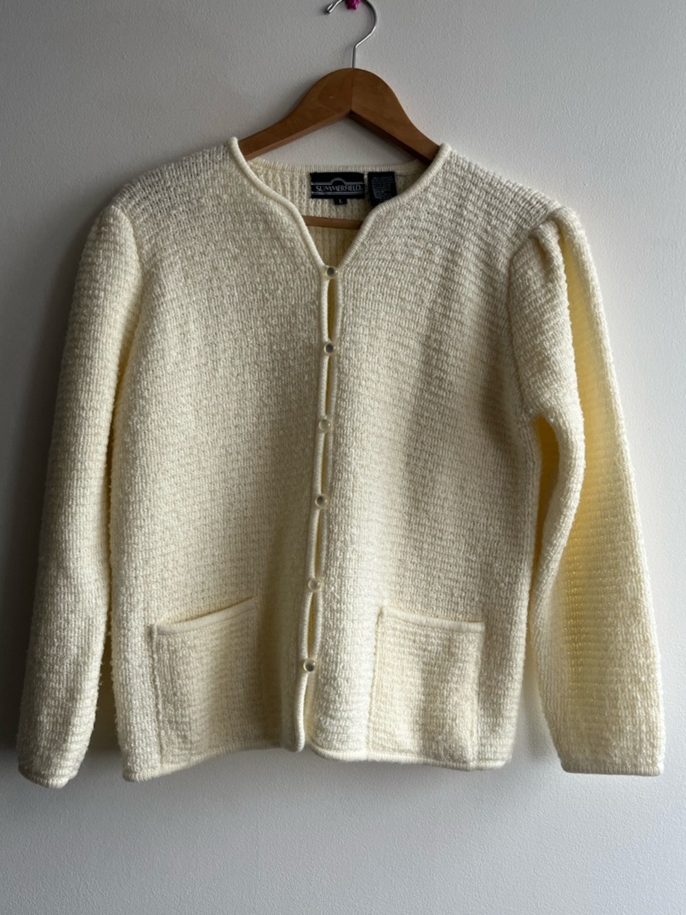 90's Cream Cardigan Vintage Boucle Knit Button Front Sweater With Pockets Size L